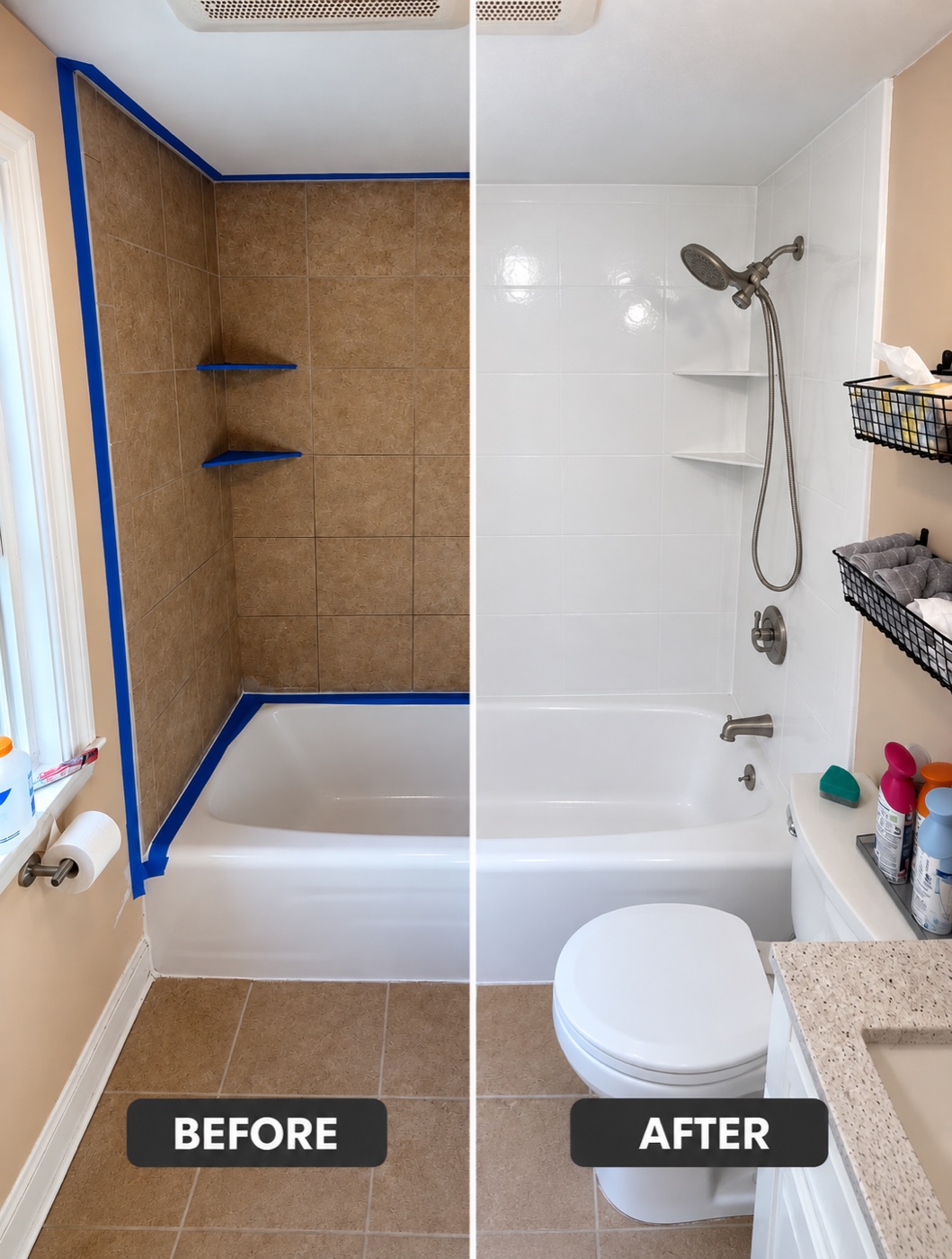 Banheiro completo antes e depois da renovação
