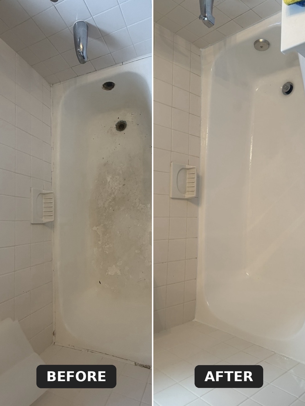 Box e banheira antes e depois da restauração