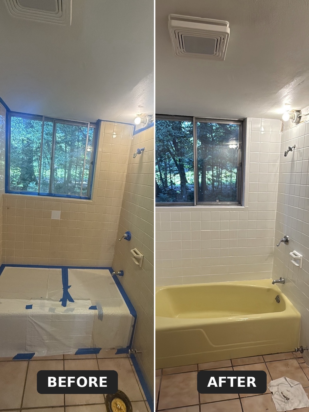 Banheira amarela antes e depois da renovação